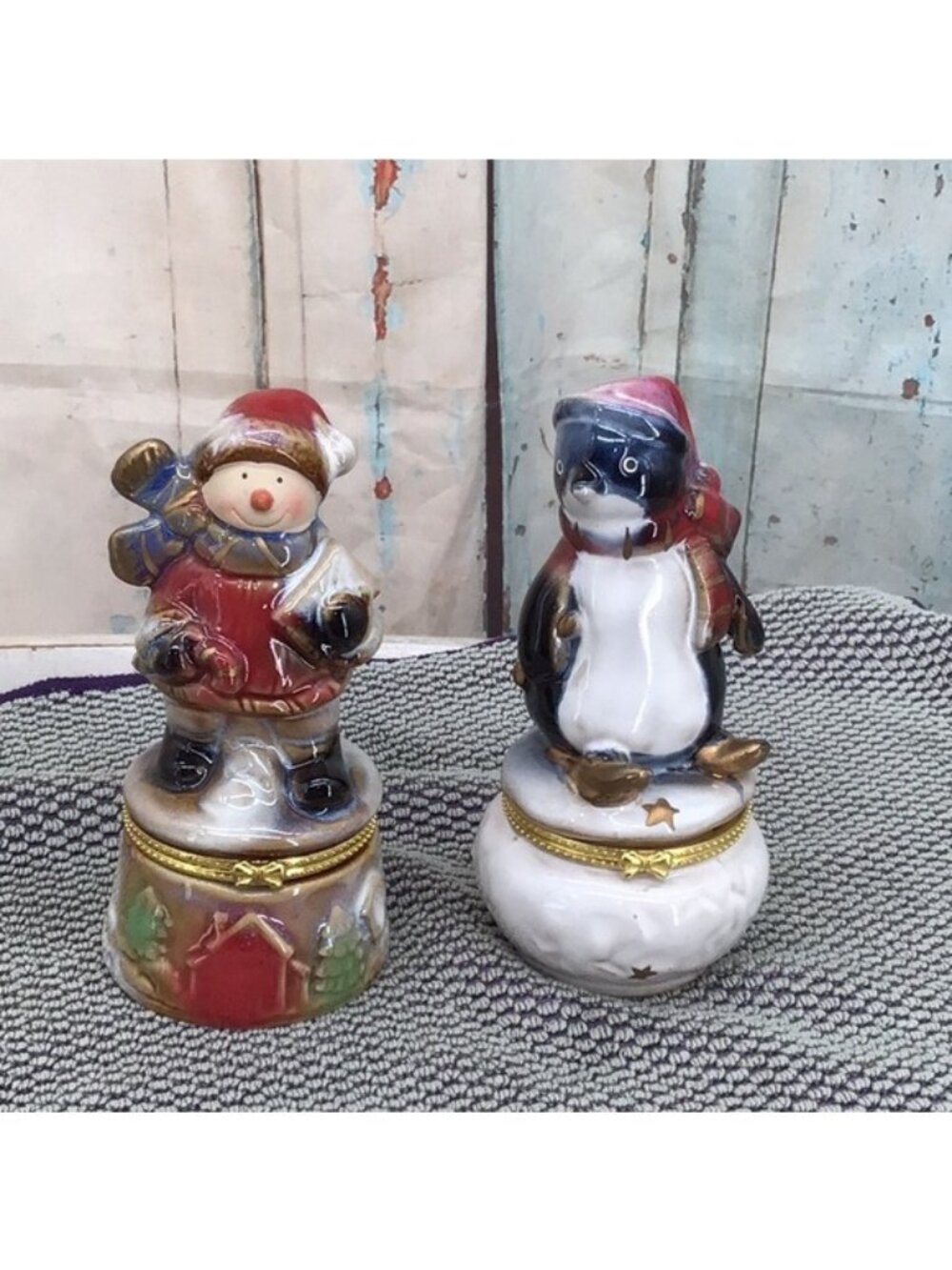 Ceramic Christmas Snowman & Penguin Figurines With Gold Accents Hinged Trinket B